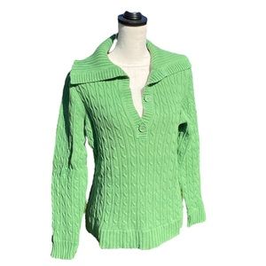 Liz Claiborne Sweater High Collared V-Neck Button Cable Knit Green